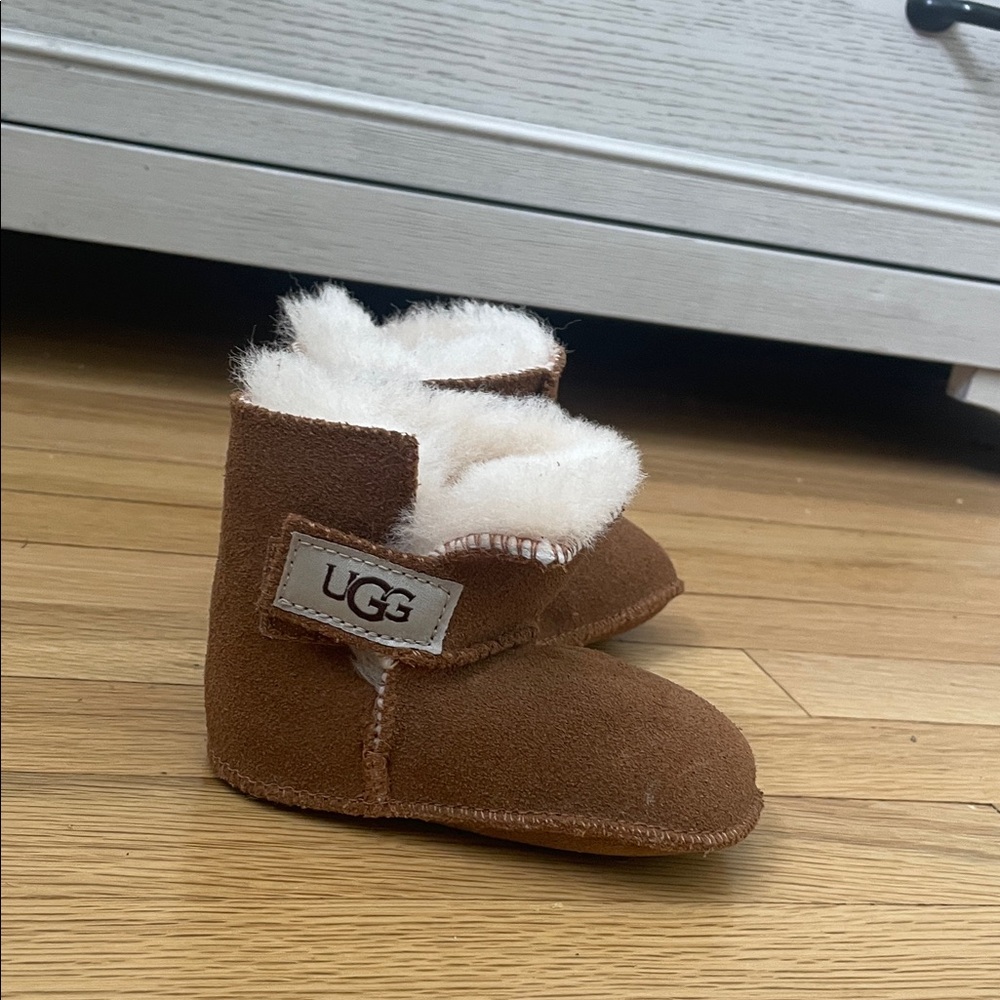 UGG Brown Suede Baby Booties with Cream Shearling